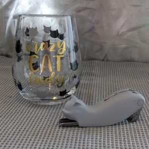 Cat Lady Box cat corkscrew and stemless wine glass